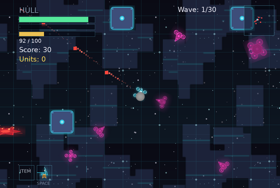 The drone firing into an early wave of enemy drones in the Core arena